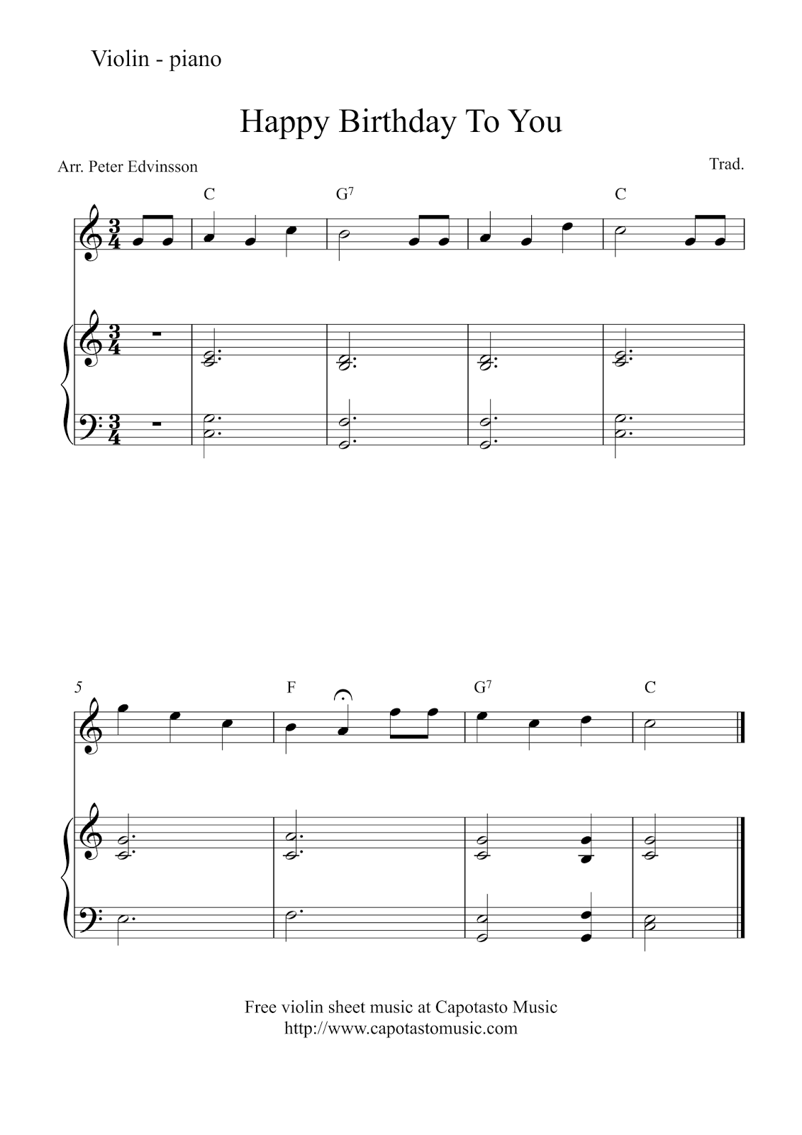 Free violin and piano sheet music | Happy Birthday To You