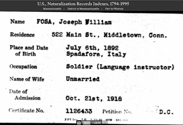 white image with black typed words, Naturalization records for Joseph William Fosa