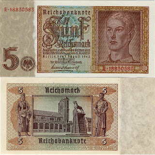 Brunswick Katedrali'ni tasvir eden 1942 tarihli bir 5 Reichsmark banknotunun ön ve arka yüzü