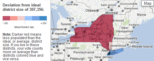 The New York World has produced an splendid Google Maps based visualisation of the  New Gerrymandering Shown amongst Google Maps