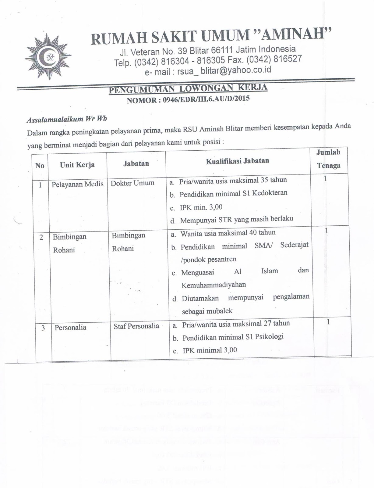 Untuk menambah kinerja dan pelayanan terhadap masyarakat Blitar dan sekitarnya maka RSU Aminah Blitar membuka Lowongan Kerja Blitar dengan formasi sebagai