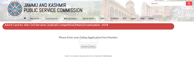 Admit Card for J&K Civil Services (Judicial) Competitive [Mains] Examination -2018