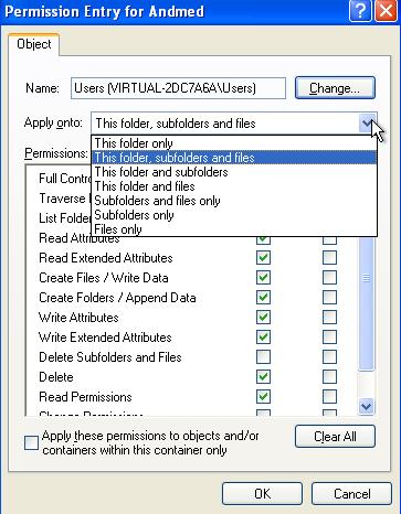 Windows XP Professionnel, propriétés de dossier, Paramètres de sécurité avancés, Fenêtre d'entrée des autorisations. Utilisez la case à cocher Appliquer sur pour sélectionner la profondeur des droits d'accès.