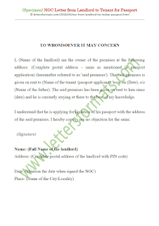 noc format from landlord to tenant for passport