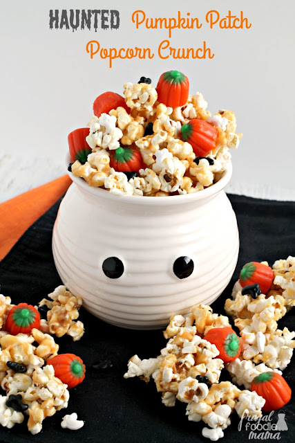 Candy pumpkins and ghost shaped sprinkles are tossed with peanut butter coated popcorn in this irresistible Haunted Pumpkin Patch Popcorn Crunch.