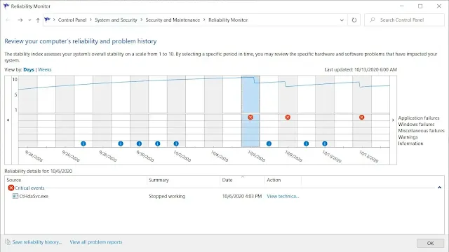 Reliability Monitor showing one error