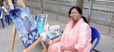 Renuka Kesaramadu's vibrant painting showcasing her unique artistic style, with a collage of her diverse artworks reflecting human emotions and stories