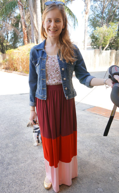 first day of spring outfit Floral tank colour block maxi skirt denim jacket