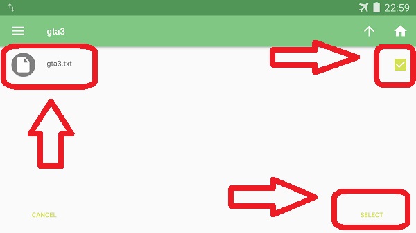 8. Lalu arahkan ke folder internal/Android/Data/Com.rockstargames.gtasa/files/textdb/txd/. Di folder bernama txd ada file bernama txd.txt. Klik centang lalu klik Select. Lihat gambar berikut.