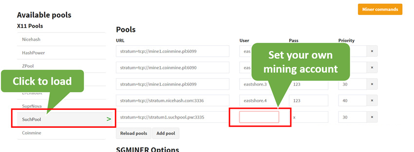 miner load predefined pools