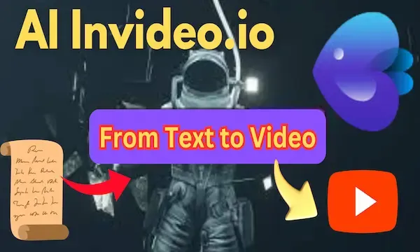 an astronaut floating in space, a purple chatbot, and a red play button. The astronaut is wearing a white suit and is floating in a black background. The chatbot is purple and is floating in the top right corner of the image. The red play button is in the bottom right corner of the image. There is a yellow banner with purple text that reads “From Text to Video”.