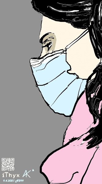 Лицо молодой женщины с маской и розовым шарфом. Цветной скетч нарисовал художник Андрей Бондаренко #iThyx