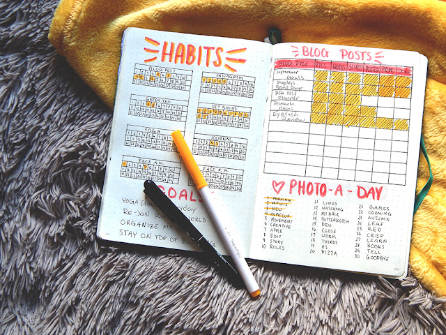 Bullet journal set-up September Habit tracker and blog planner