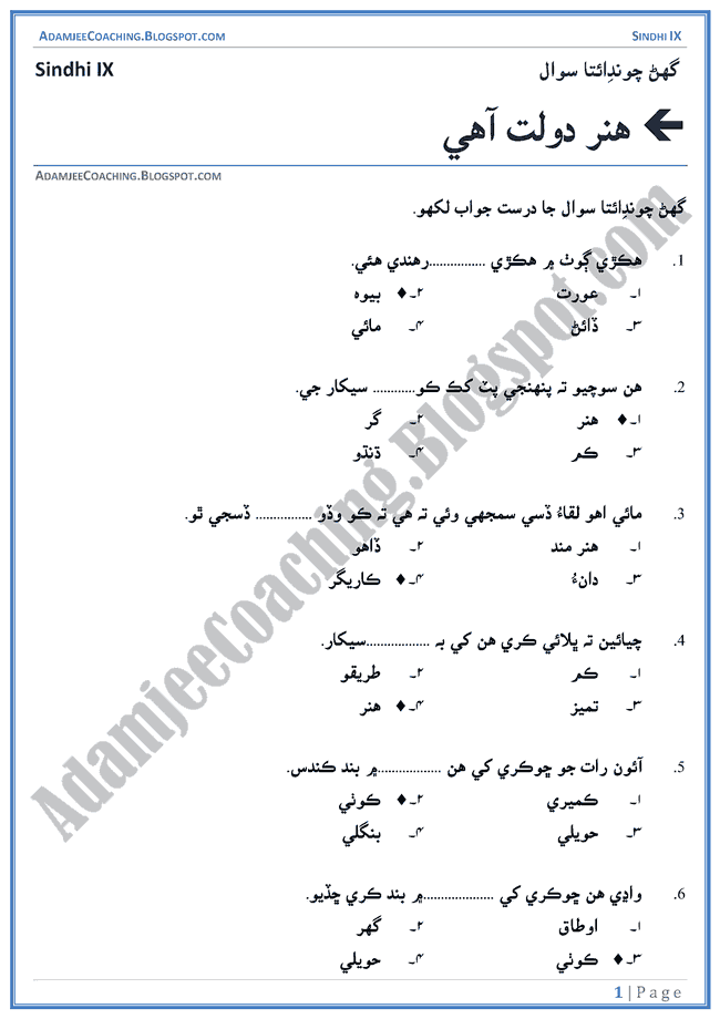 hunar-dolat-hai-multiple-choice-questions-sindhi-notes-for-class-9th