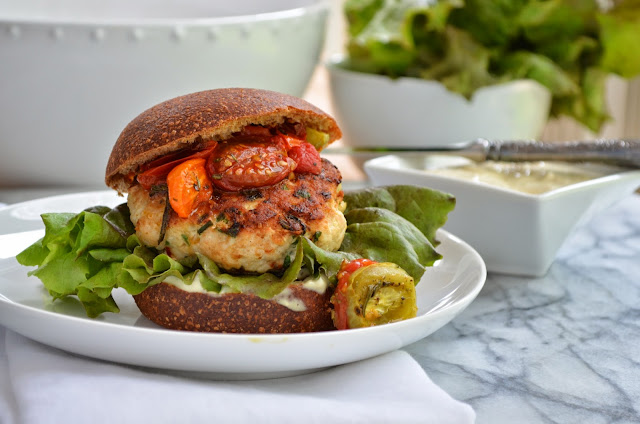 Herb Turkey Burgers with Tofu Mayo and Roasted Cherry Tomatoes - Smell of Rosemary.