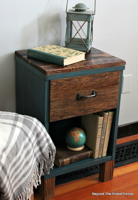 a rustic farmhouse nightstand with reclaimed wood