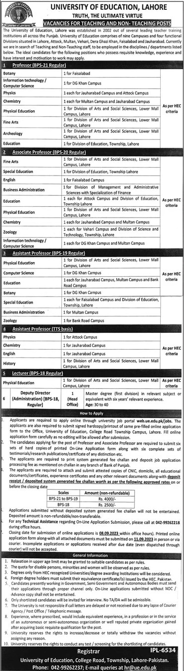 University of Education Lahore Multiple Jobs