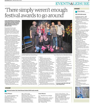 page from Welwyn Hatfield Times Newspaper on Unlucky For Some and Limitless Academy winning the WGC Youth Drama Festival