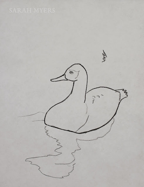 duck, bird, charcoal, sarah, myers, art, drawing, simple, study, sketch, swimming, water, reflection, minimal, minimalist, pencil, line, line-drawing, arte, dibujo, goose, pond