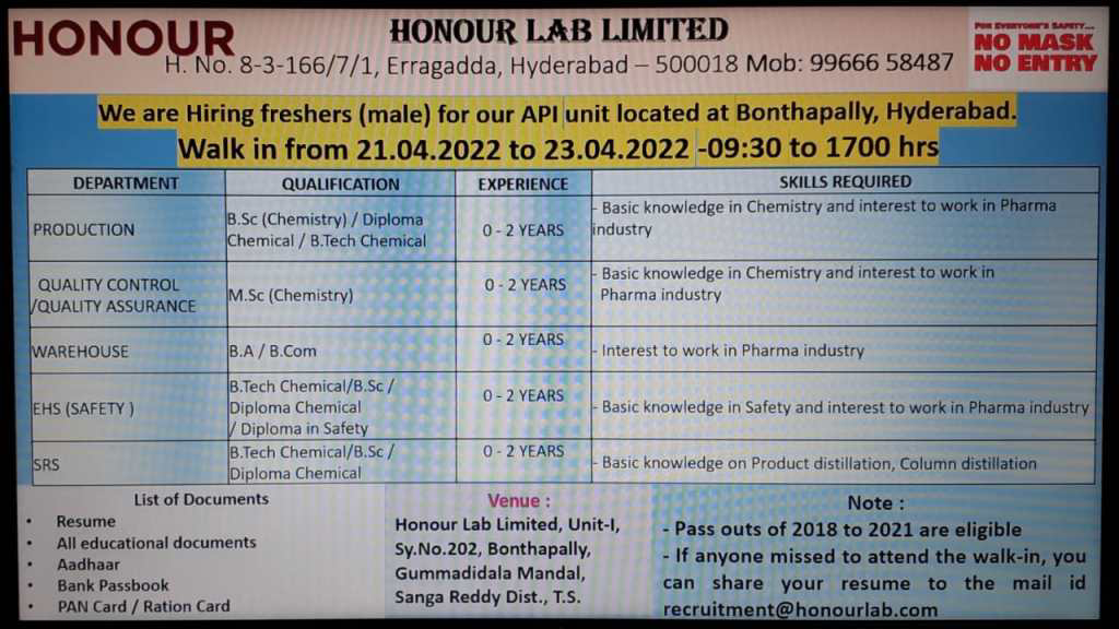 Job Availables,Honour Lab Limited Walk-In-Interview For Diploma/ B.Tech Chemical/ BSc/ MSc/ Diploma In Safety/ BA/ B.Com