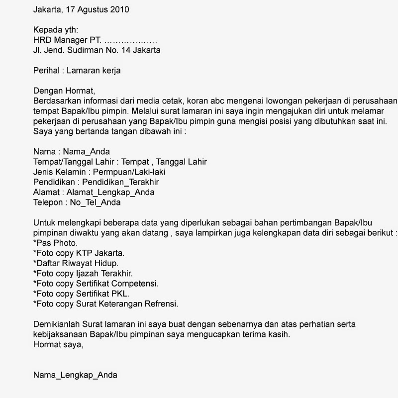 Contoh Surat Lamaran Kerja - Lowongan Kerja Terbaru