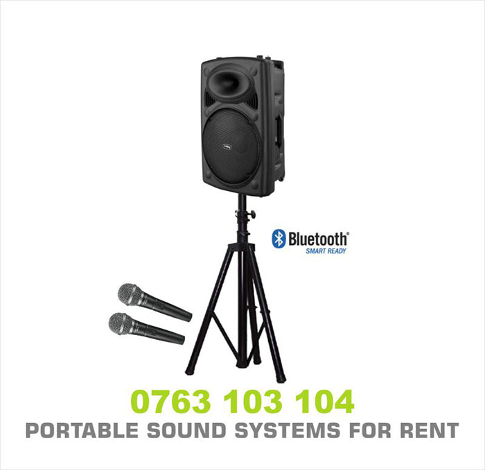 Portable Sound System with 2 FM Microphones for Rent.