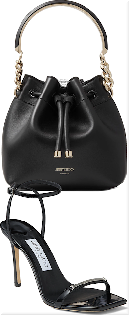 ♦Jimmy Choo Bon Bon Bucket S black leather bucket bag & Jaxon black soft patent sandals with JC bar #jimmychoo #shoes #bags #black #brilliantluxury