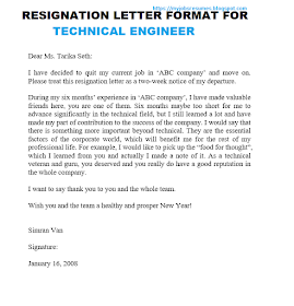 Resignation letter format for Technical Engineer