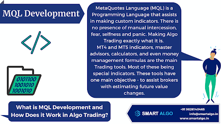 What is MQL Development and How Does it Work in Algo Trading? "MetaQuotes Language (MQL) is a Programming Language that assists in making custom indicators. There is no presence of manual intercession, fear, Selfness and panic. Making Algo Trading exactly what it is." MT4 and MT5 indicators, master advisors, calculators, and even money management formulas are the main Trading tools. Most of these being special indicators. These tools have one main objective - to assist brokers with estimating future value changes.