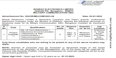 Electronics or Electronics and Communication or Electronics and TeleCommunication or Telecommunication or Communication Engineering Jobs BEL