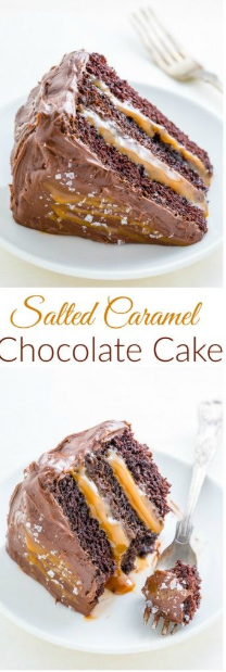 4.4★★★★★| Three layers of Salted Caramel Chocolate Cake slathered in homemade Chocolate Frosting. So decadent!