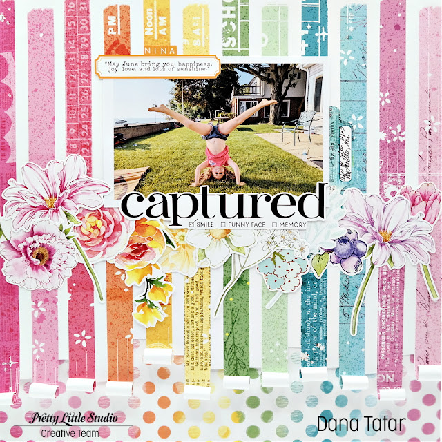 Rainbow Flowers, Stripes, and Polka Dots Summer Headstand Scrapbook Layout using the Pretty Little Studio Sunkissed Collection