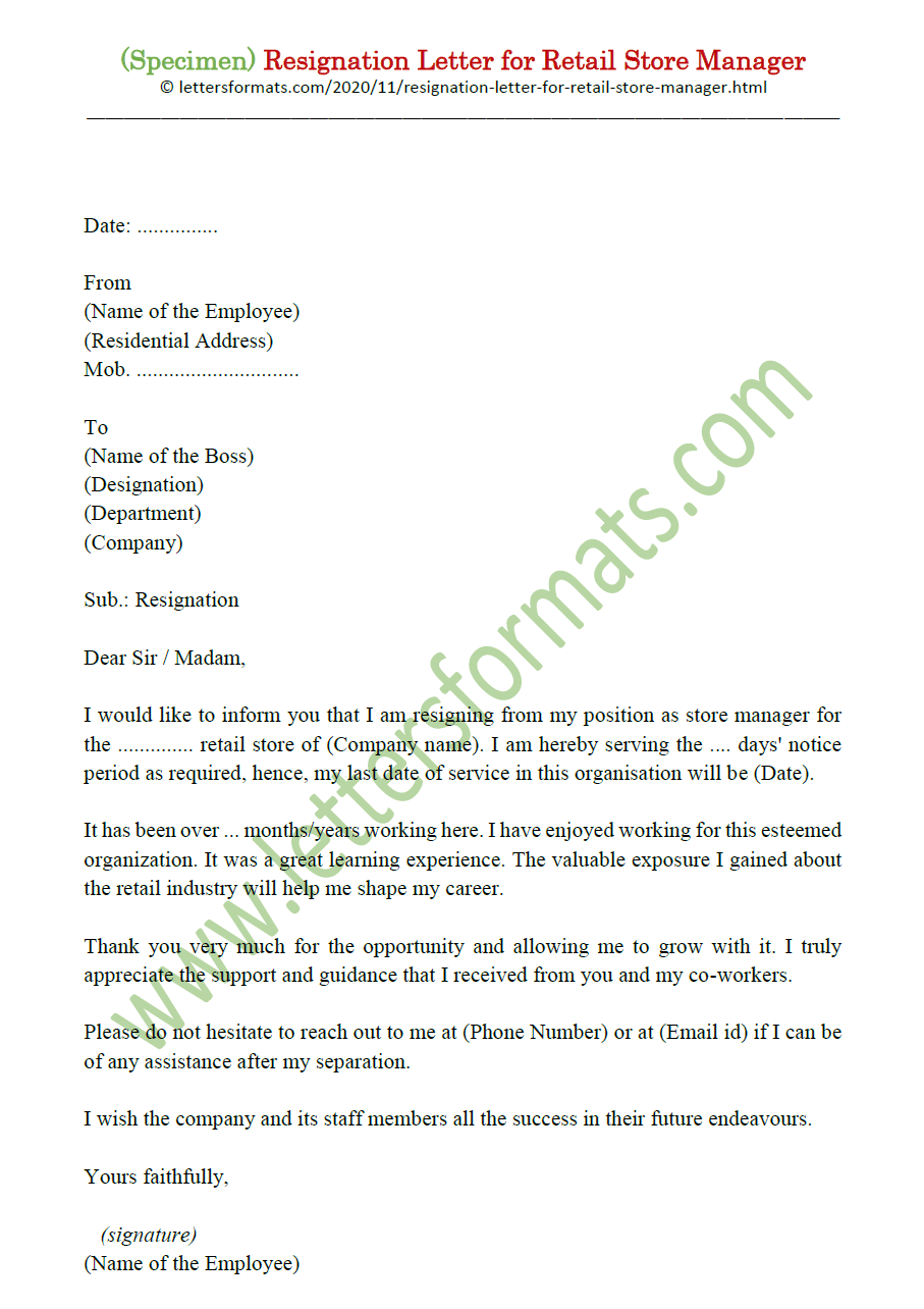 Resignation Letter Format for Retail Store Manager
