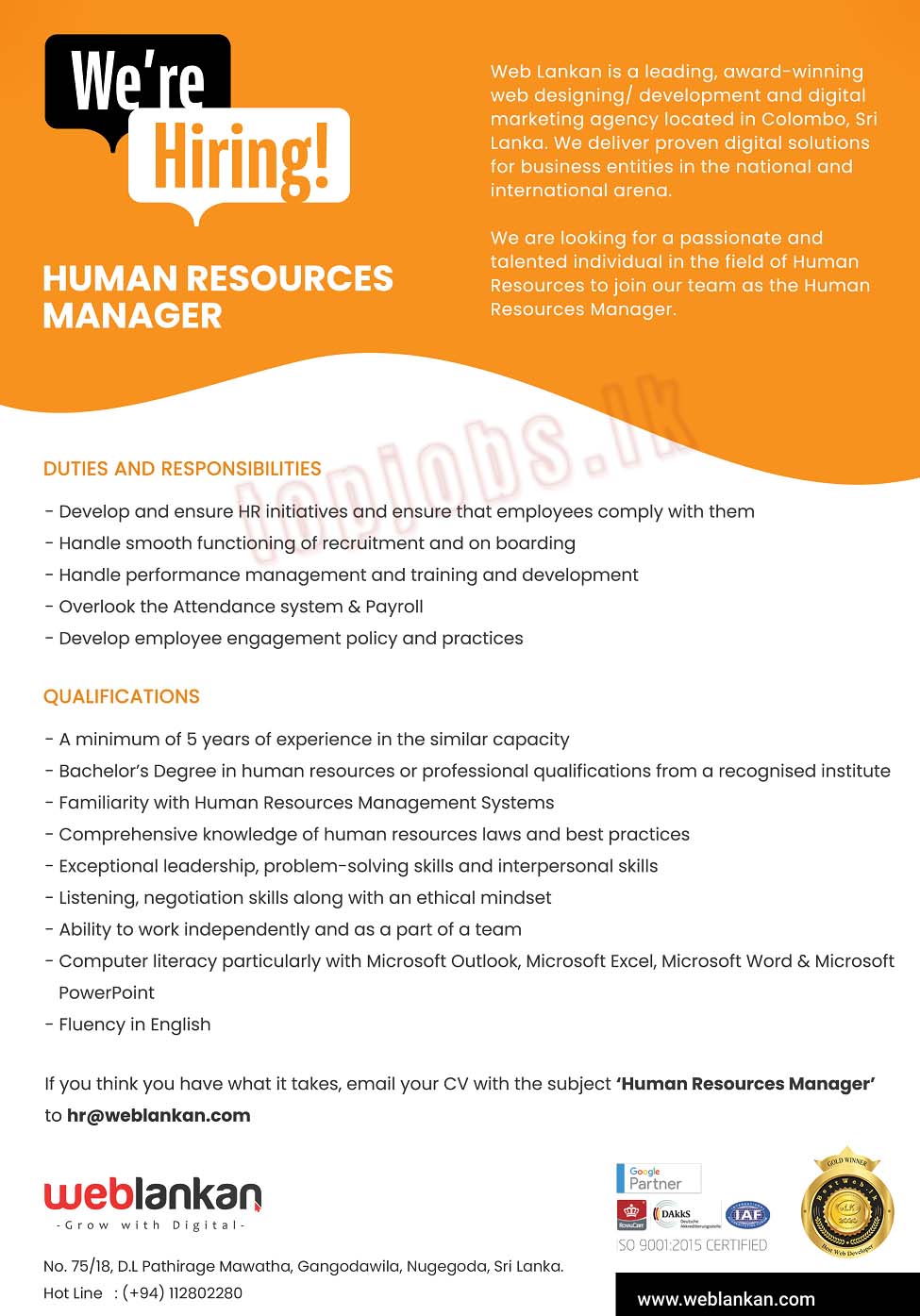 Human Resources Manager Vacancy in Nugegoda
