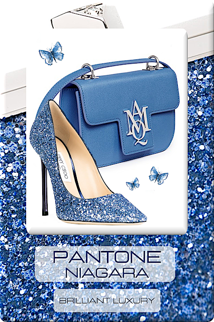 ♦Pantone Fashion Color Niagara #pantone #fashioncolor #blueshoes #bluebags #brilliantluxury