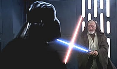 Obi Wan and Darth Vader locked in epic combat.