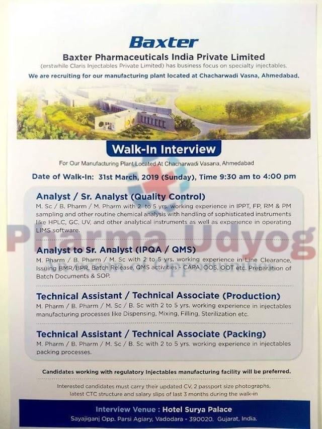 Baxter Pharma | Walk-in for QA/QC/Production/Packing | 31 March 2019 | Ahmedabad
