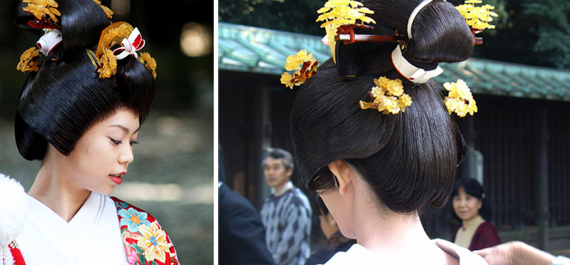 In a traditional Japanese wedding the brides hair is also styled in the 