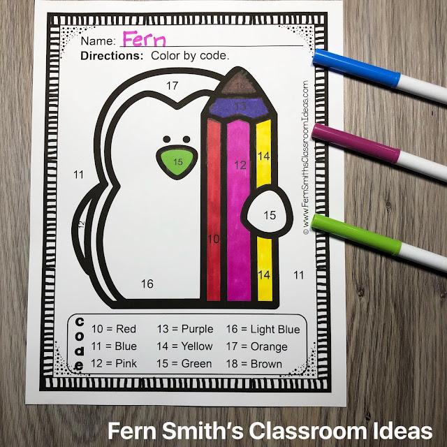 Winter Funky Penguins Color By Number Kindergarten Know Your Numbers Printables for Your Kindergarten Class #FernSmithsClassroomIdeas