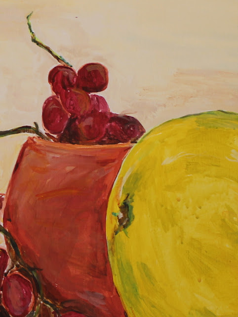 Still-life, pottery, grapes, fruit, pumello, red, earthenware, green, yellow, hand-built, ceramic, art, painting, sarah, myers, acrylic, arte, pintura, natura, morte, large, canvas, food, modern, brushstrokes, chartreuse, grapefruit, quiet, detail, close-up, stems, rind, pot, terracotta