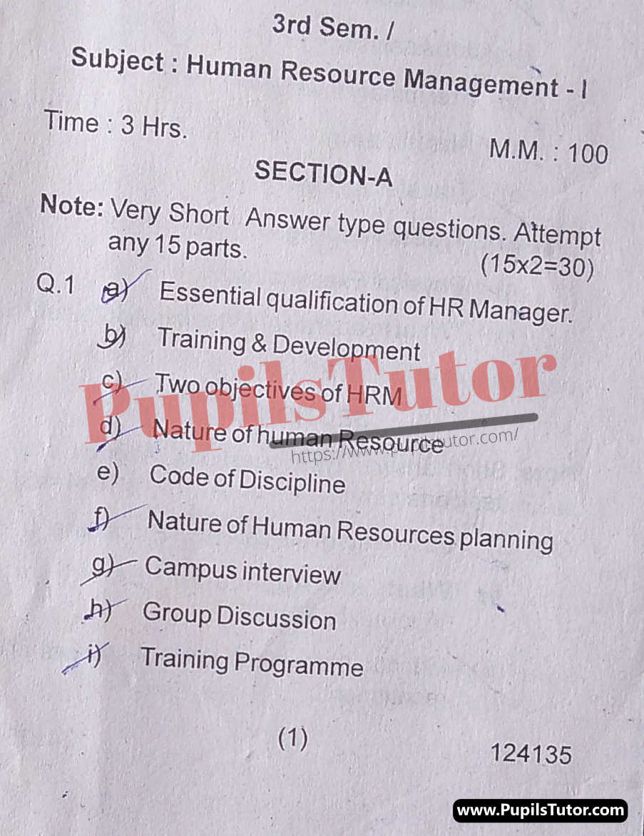 HSBTE (Haryana State Board of Technical Education, Panchkula Haryana) FAA Semester Exam Third Semester Previous Year Human Resource Management Question Paper For 2022 Exam (Question Paper Page 1) - pupilstutor.com