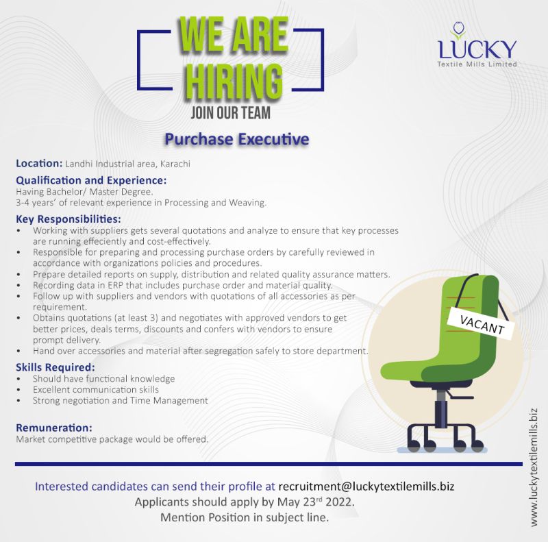 Lucky Textile Mills Limited is currently accepting applications for Purchase Executive