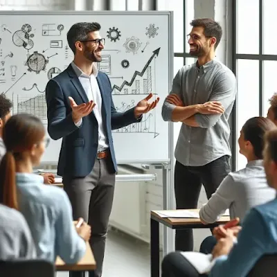 Un formateur dynamique, debout devant un tableau en interaction avec son public
