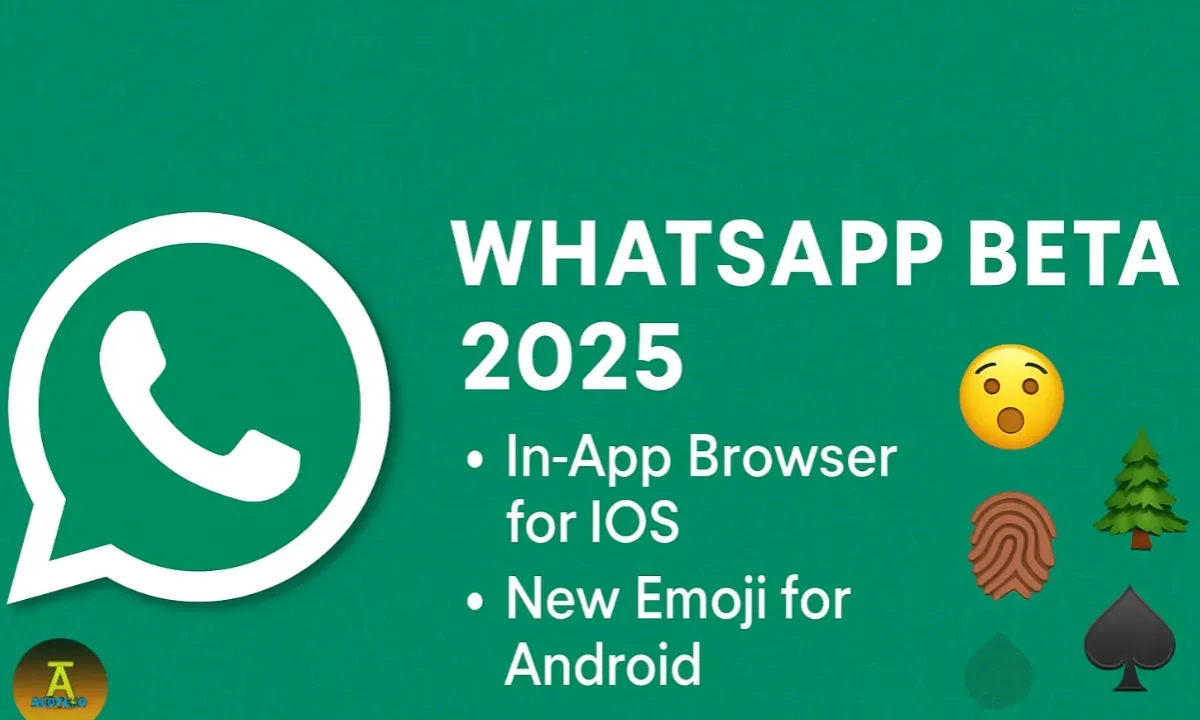 Digital graphic showcasing WhatsApp 2025 updates for iOS and Android, highlighting in-app browser and new emoji features