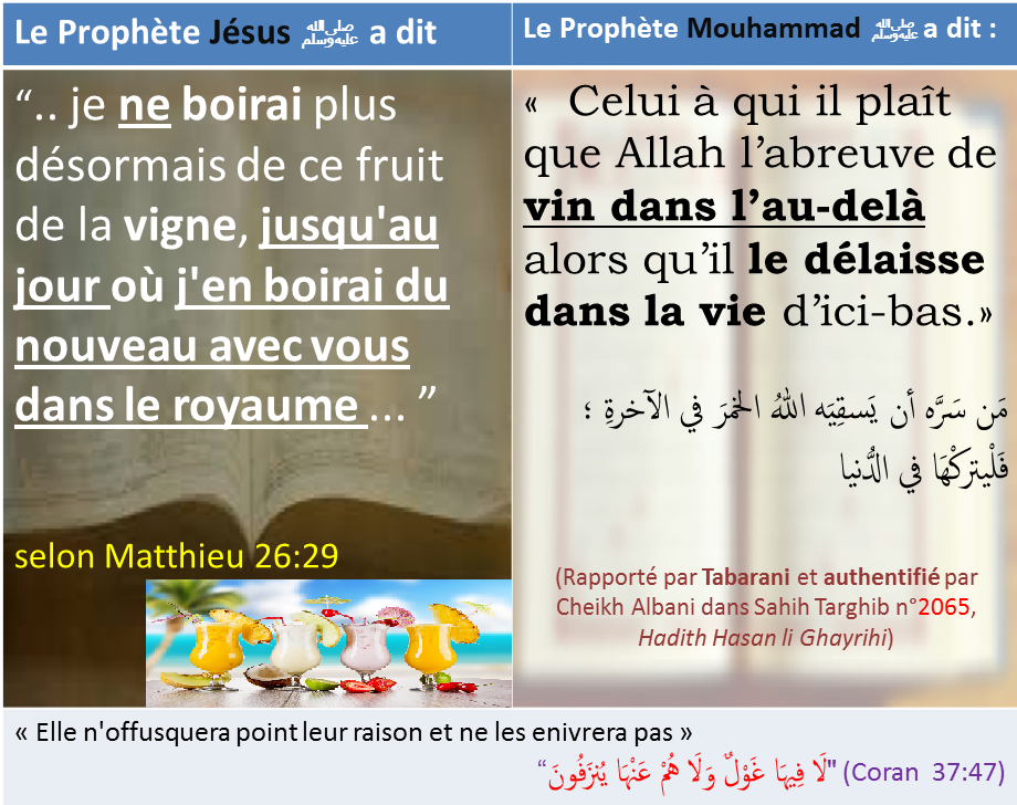 « Elle n'offusquera point leur raison et ne les enivrera pas » "لَا فِيهَا غَوْلٌ وَلَا هُمْ عَنْهَا يُنزَفُونَ“ (Coran 37:47) Le Prophète Mouhammad ﷺ a dit : « Celui à qui il plaît que Allah l’abreuve de vin dans l’au-delà alors qu’il le délaisse dans la vie d’ici-bas.» مَن سَرَّه أن يَسقِيَه اللهُ الخمرَ في الآخرةِ ؛ فَلْيتركْهَا في الدُّنيا (Rapporté par Tabarani et authentifié par Cheikh Albani dans Sahih Targhib n°2065), Le Prophète Jésus ﷺ a dit “.. je ne boirai plus désormais de ce fruit de la vigne, jusqu'au jour où j'en boirai du nouveau avec vous dans le royaume ... ” Matthieu 26:29