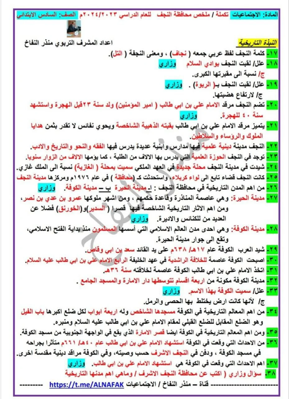 نموذج اسئلة واجوبة تخص محافظة النجف الاجتماعيات للصف السادس الابتدائي  الاستاذ منذر النفاخ