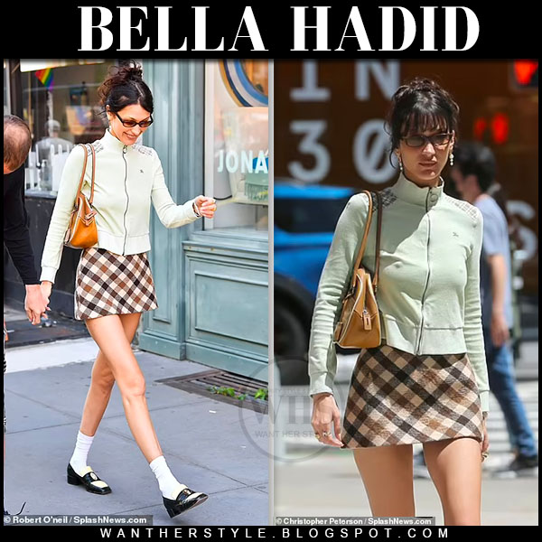 Bella in green track jacket, checked mini skirt and loafers in NYC on June 19 ~ I want her style - What wore and where to buy it. Celebrity Style