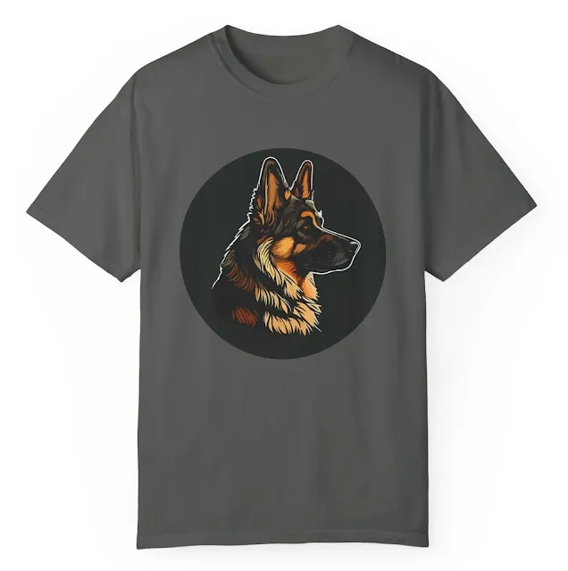 Garment-Dyed T-shirt for Men and Women With Close Up Face Graphic of Red and Black German Shepherd