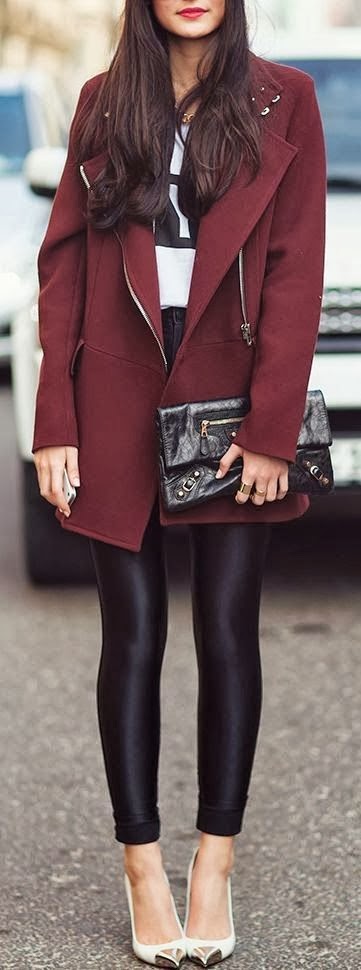 Dark Brown Coat With Leggings High Heel Shoes Black And White Sweater