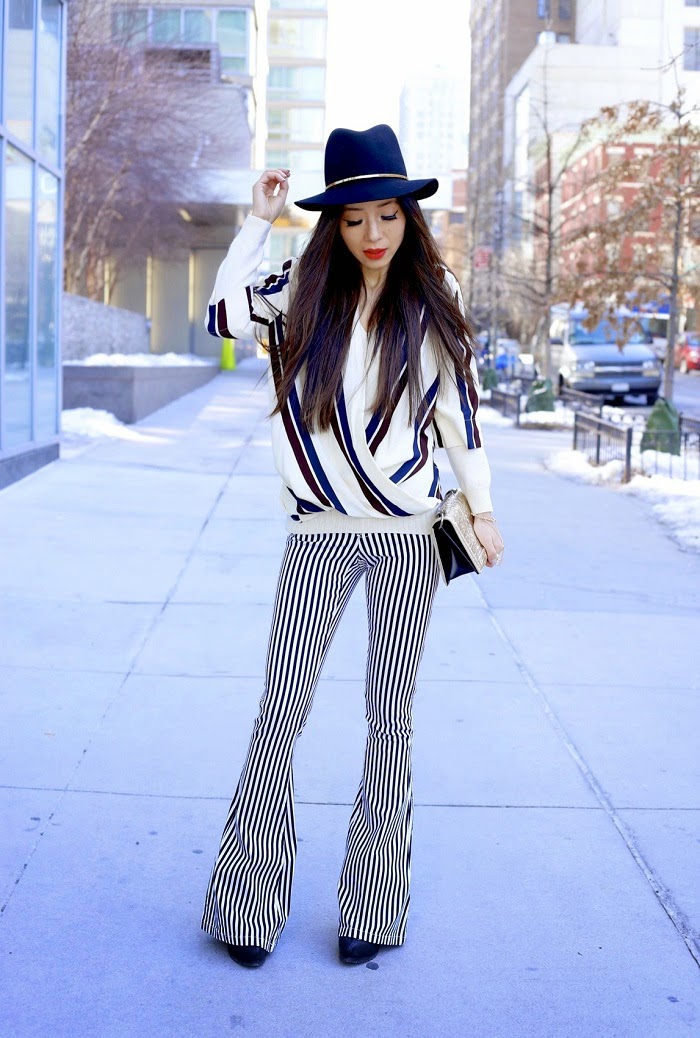Topshop open front blouse, tripe blouse, alice and olivia stripe pants, janessa leone stephen hat, ysl lipstick, 31phillip lim bag, nastygal ring, baublebar pearl ring, stripe on stripe outfit, fashion blog, streetstyle, nyc